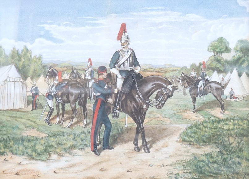 20th century, English School, heightened watercolour, The Blues and Royal Horseguards in camp with distant hills, 33 x 44cm